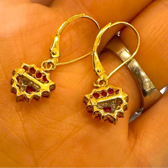 14K Solid Real Gold NATURAL Ruby & Diamond long dangle earrings sparkly! - Picture 6 of 12